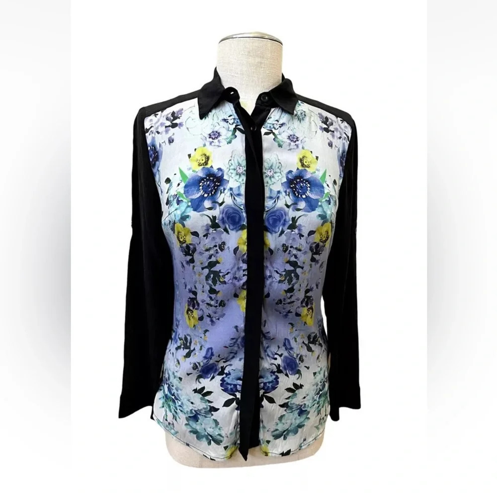 [L] GUESS by Marciano Women's Floral Silk Blouse Button Down Collared